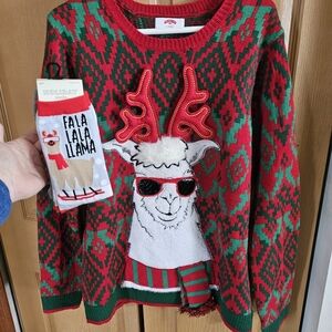 Festive Llama Christmas Sweater and Socks Set